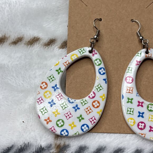 Faux LV Colorful Print Teardrop Hoop Earrings White with Multicolor Pattern - Picture 2 of 4